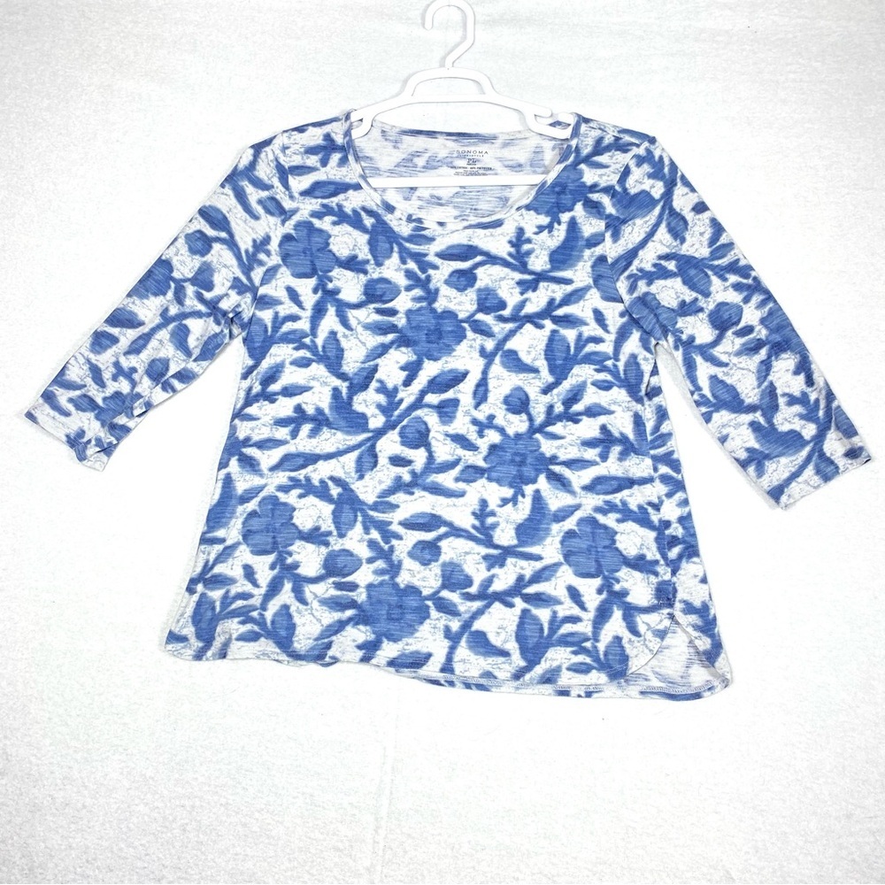 Sonoma Top Women's PL Blue White Floral 3/4 Sleeve Crewneck Stretch Casual Shirt
